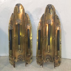 Tom Greene for Feldman Pair of Brutalist Torch Cut Brass Sconces with Downlights