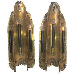 Tom Greene for Feldman Pair of Brutalist Torch Cut Brass Sconces with Downlights