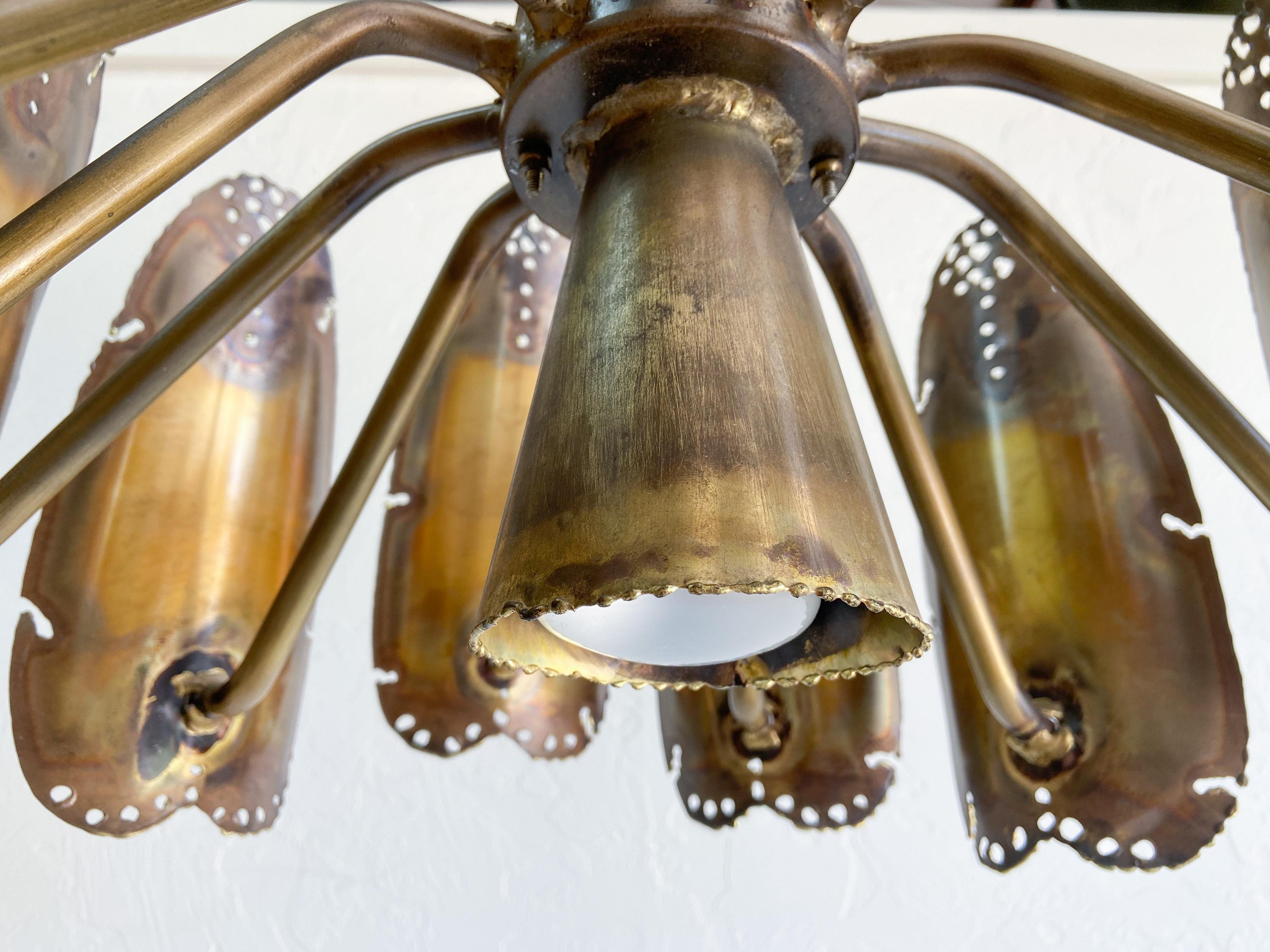 Tom Greene for Feldman Torch Cut Brass Chandelier, 1960's In Good Condition In Round Rock, TX