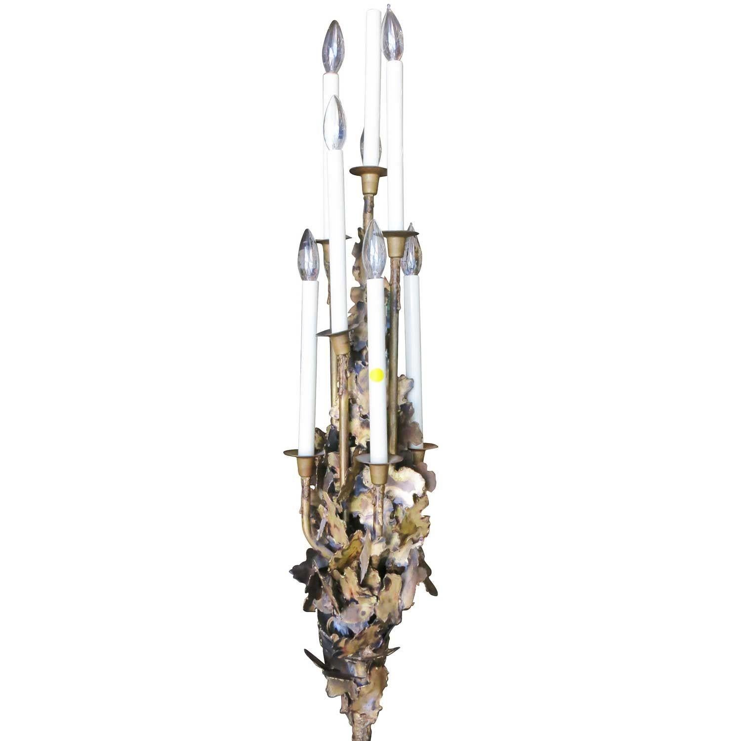 American Tom Greene Style Brutalist Torch-Cut Brass Torchiere Floor Lamp For Sale