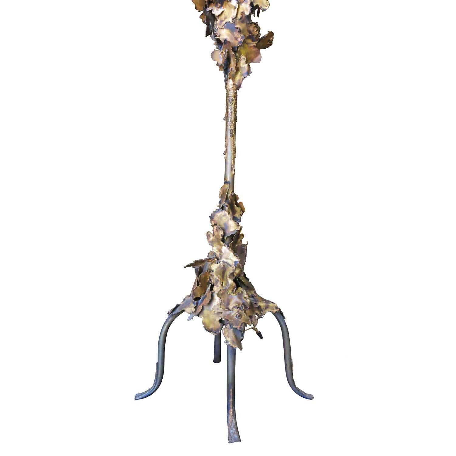 Tom Greene Style Brutalist Torch-Cut Brass Torchiere Floor Lamp 1