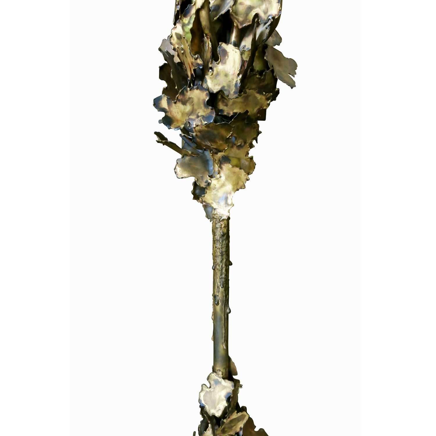 Tom Greene Style Brutalist Torch-Cut Brass Torchiere Floor Lamp 3