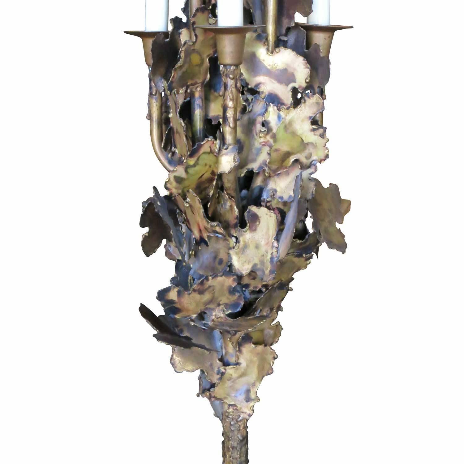 Tom Greene Style Brutalist Torch-Cut Brass Torchiere Floor Lamp 4