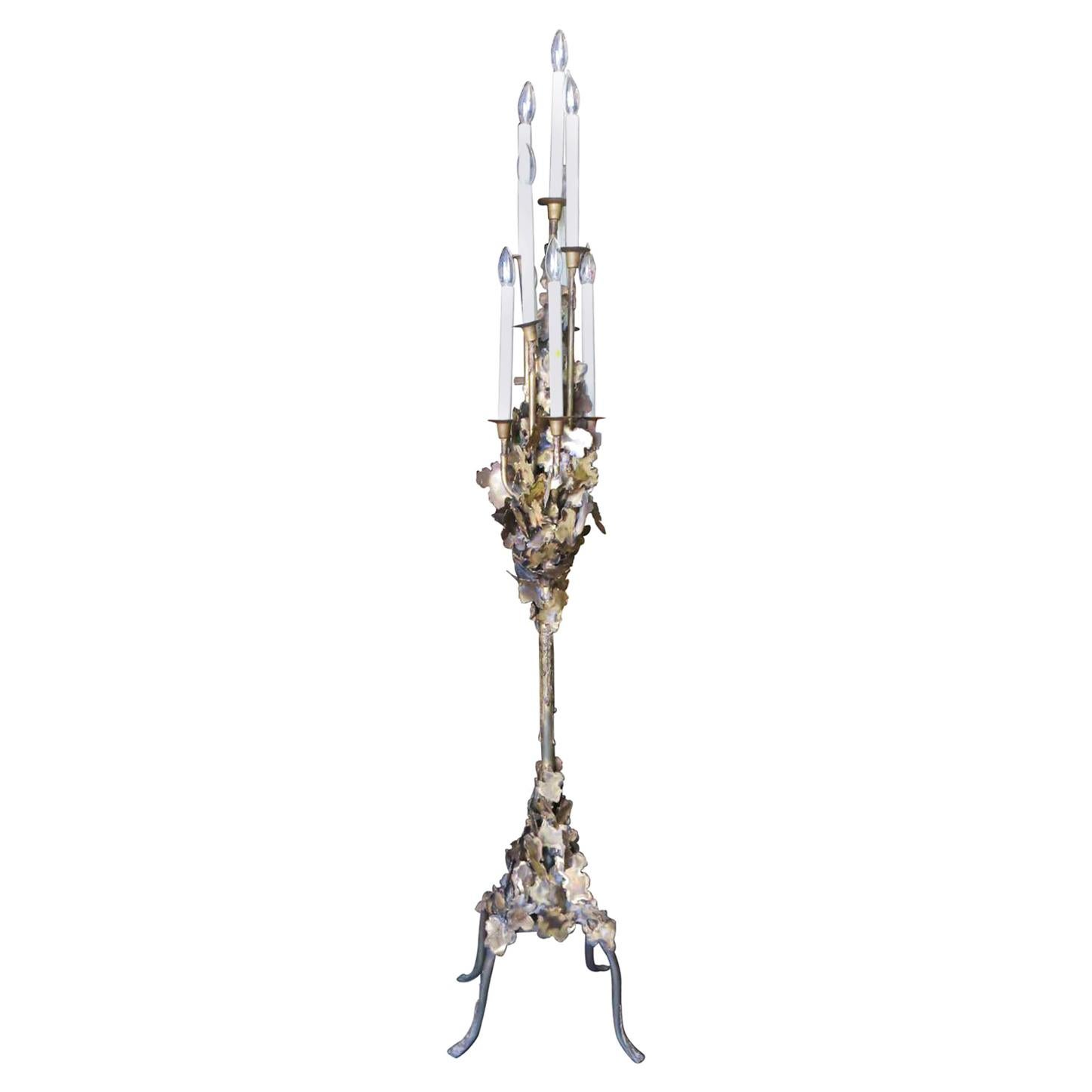 Tom Greene Style Brutalist Torch-Cut Brass Torchiere Floor Lamp