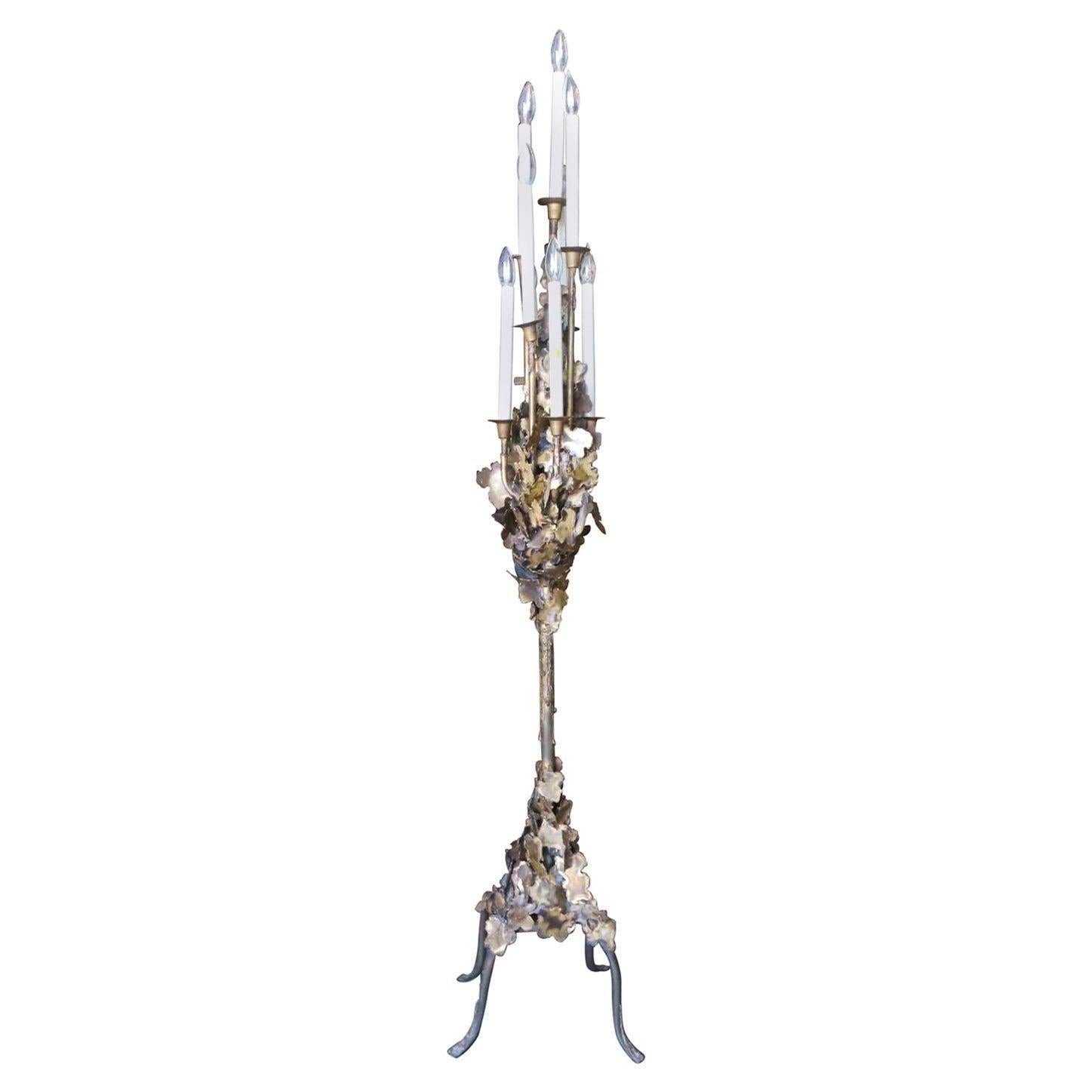 Tom Greene Style Brutalist Torch-Cut Brass Torchiere Floor Lamp For Sale