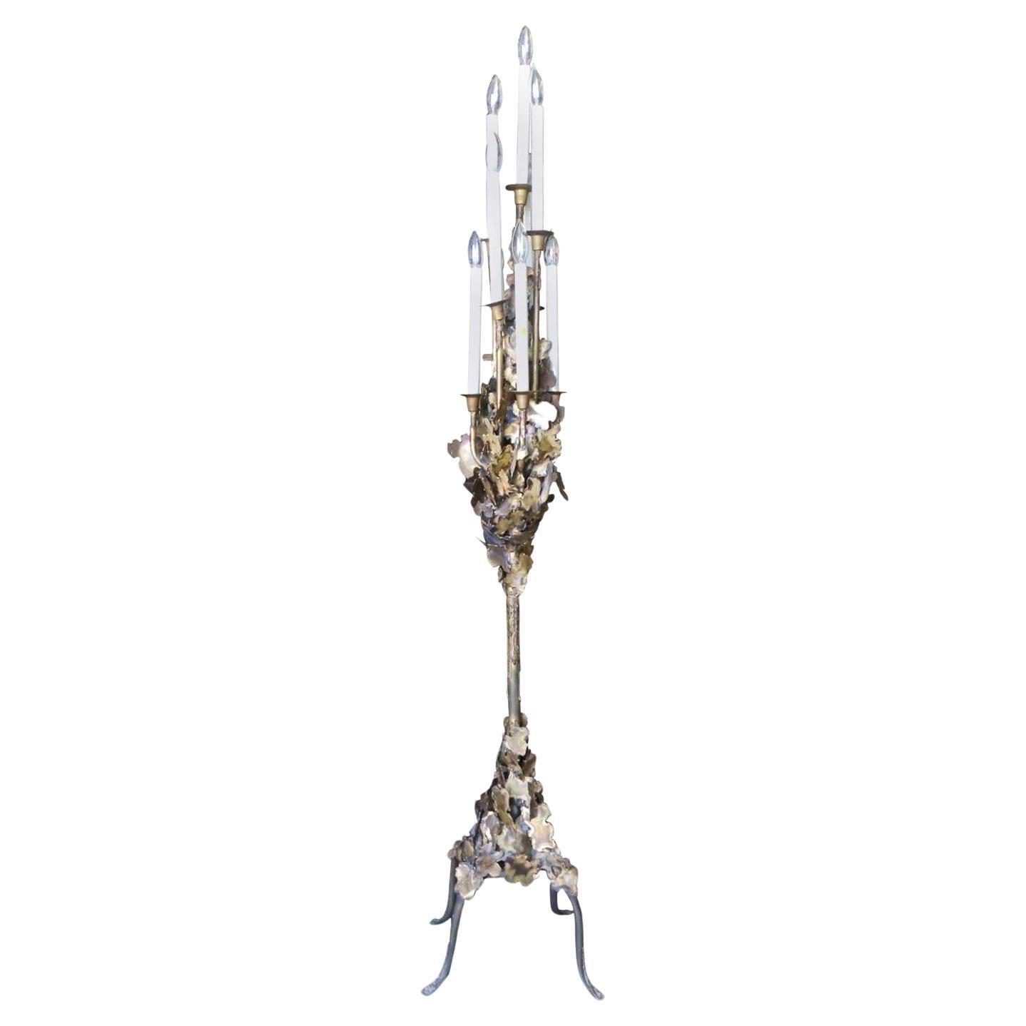 Tom Greene Style Brutalist Torch-Cut Brass Torchiere Floor Lamp