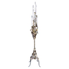 Tom Greene Style Brutalist Torch-Cut Brass Torchiere Floor Lamp