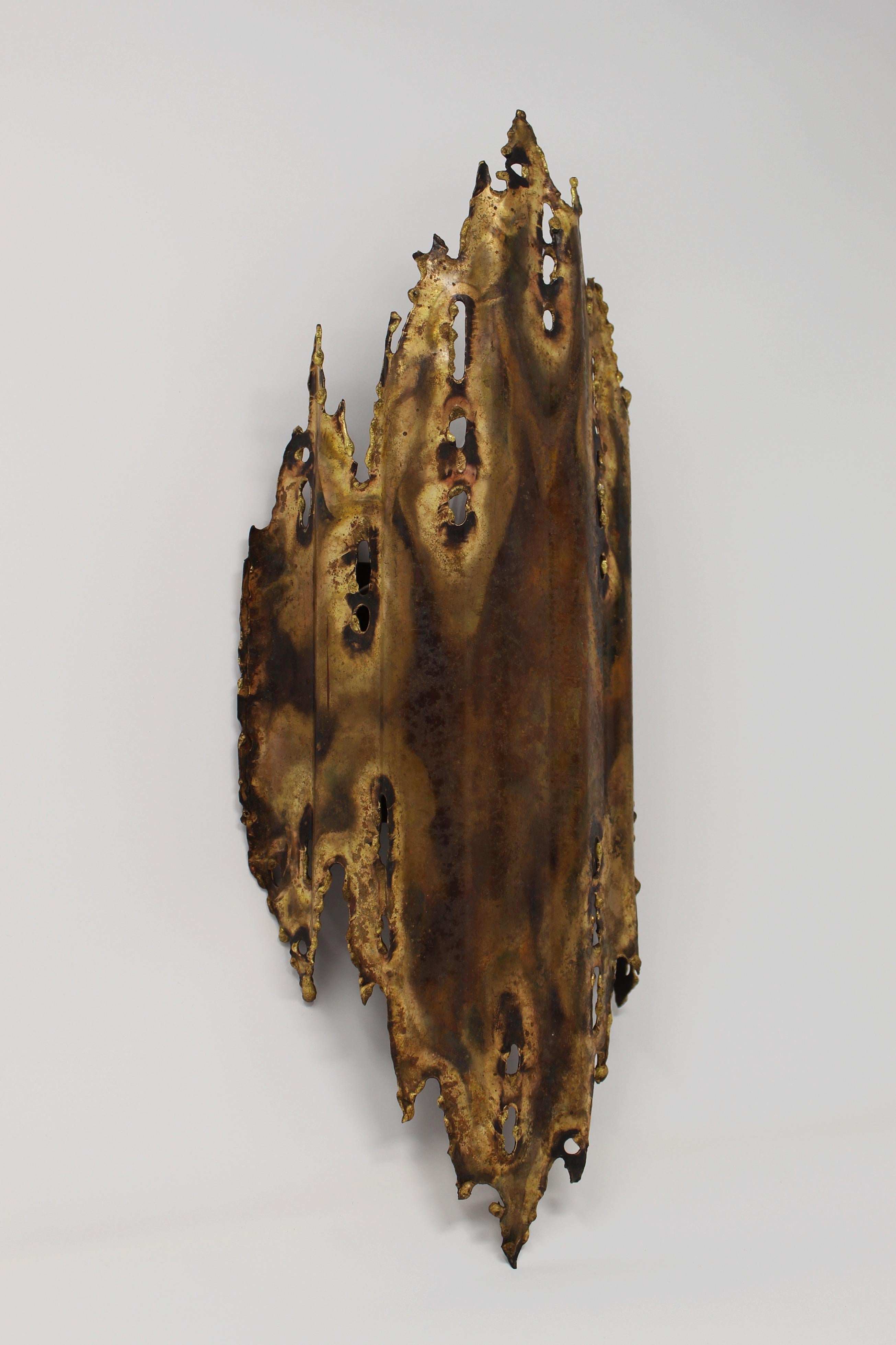 Mid-Century Modern Tom Greene Wall Sconce, Brutalist Torch Cut Brass