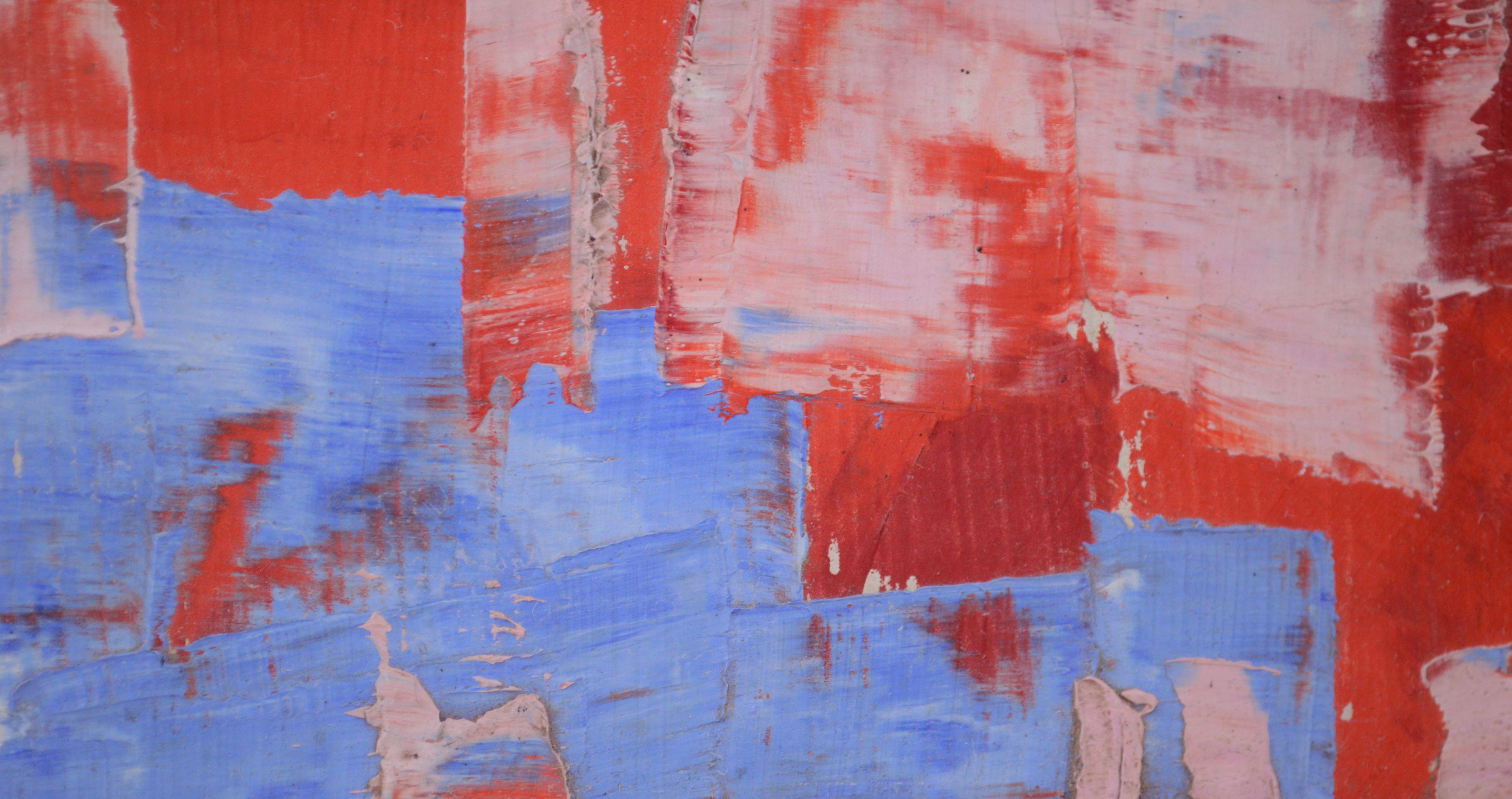 Out of the Blue, Miniature Red & Blue Abstract  - Painting by Tom Hamil