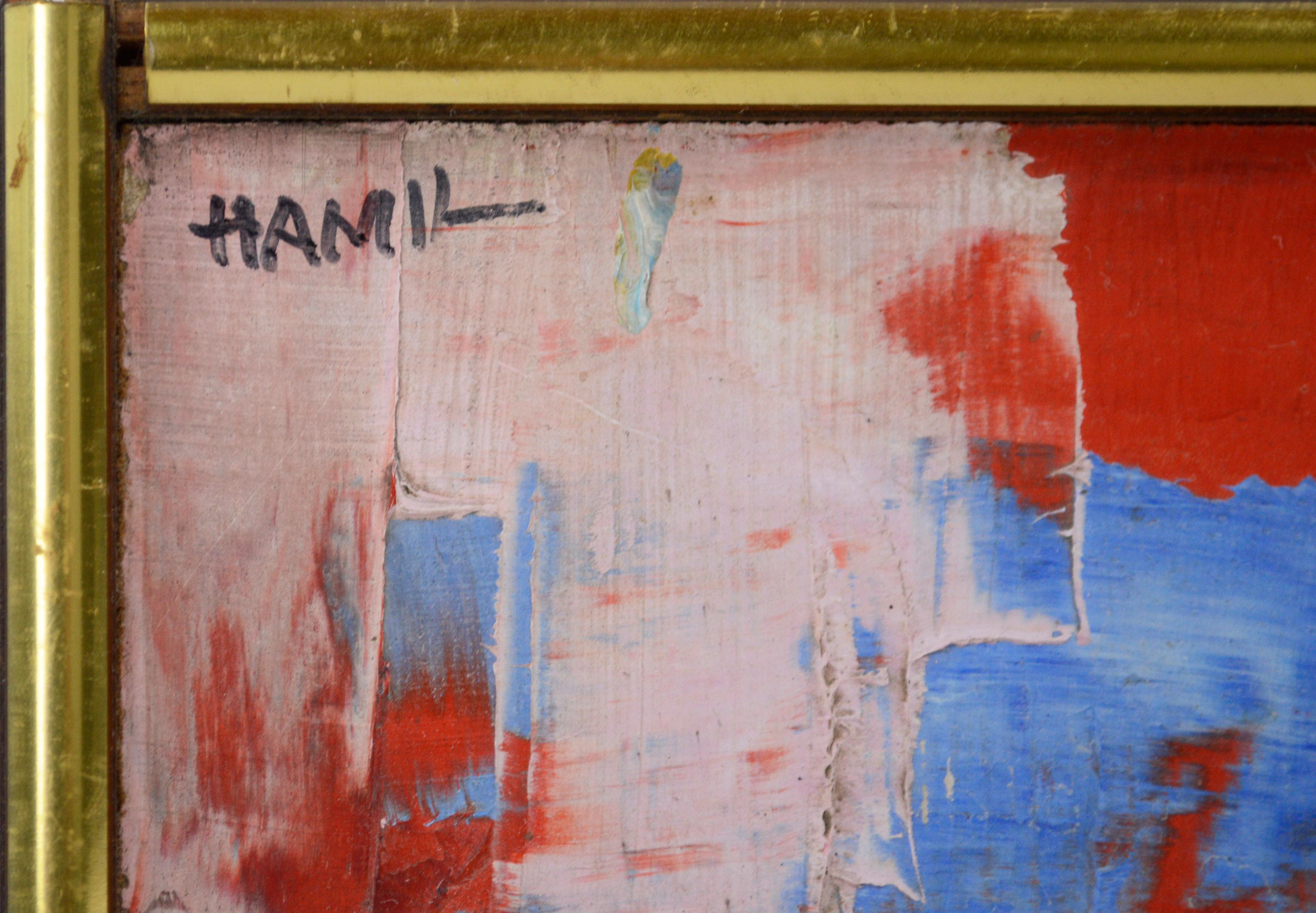Out of the Blue, miniatura astratta rossa e blu - Abstract Painting Marrone di Tom Hamil