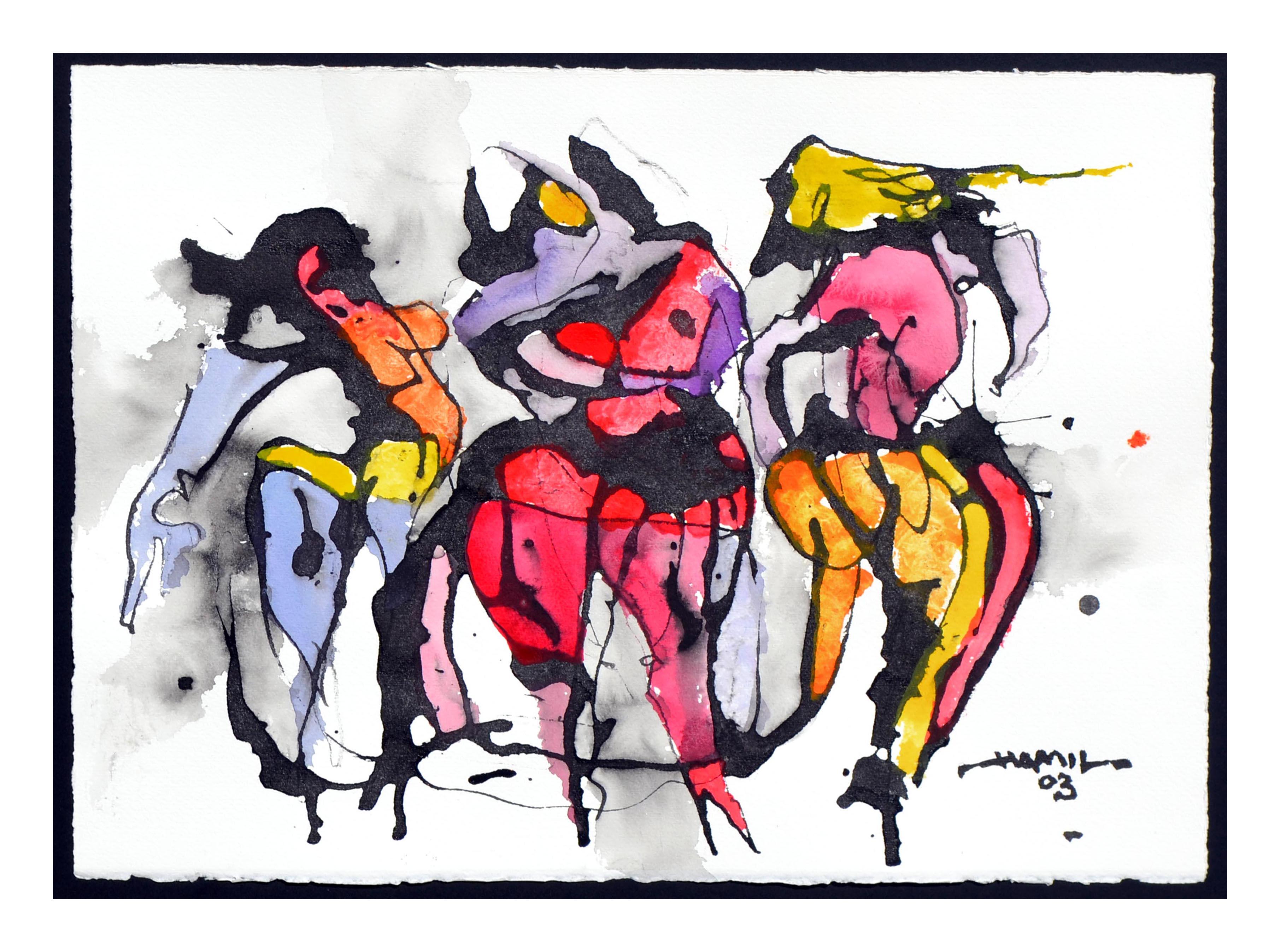 Tres Bailarinas - Pintura Figurativa en Tinta y Gouache - Painting de Tom Hamil