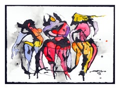 Three Dancers - Figurative Painting in Ink and Gouache