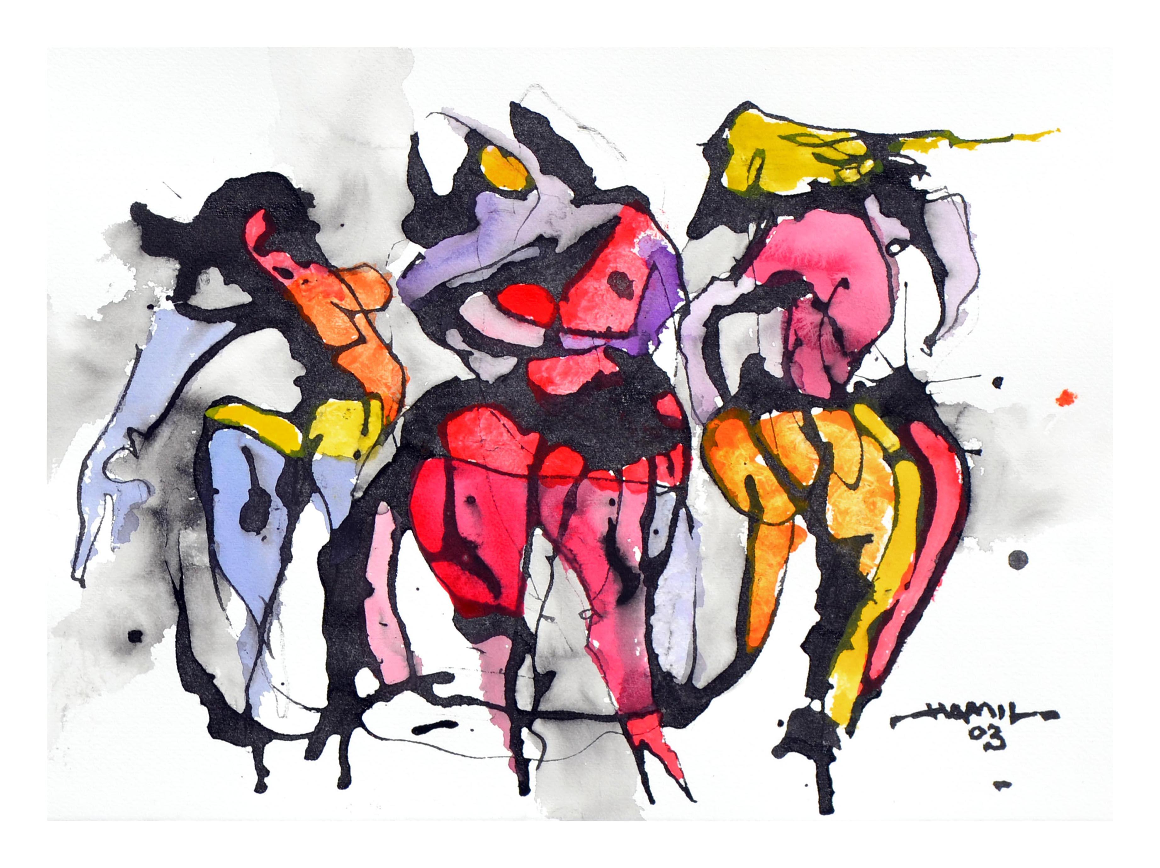 Tres Bailarinas - Pintura Figurativa en Tinta y Gouache - Painting Contemporáneo de Tom Hamil