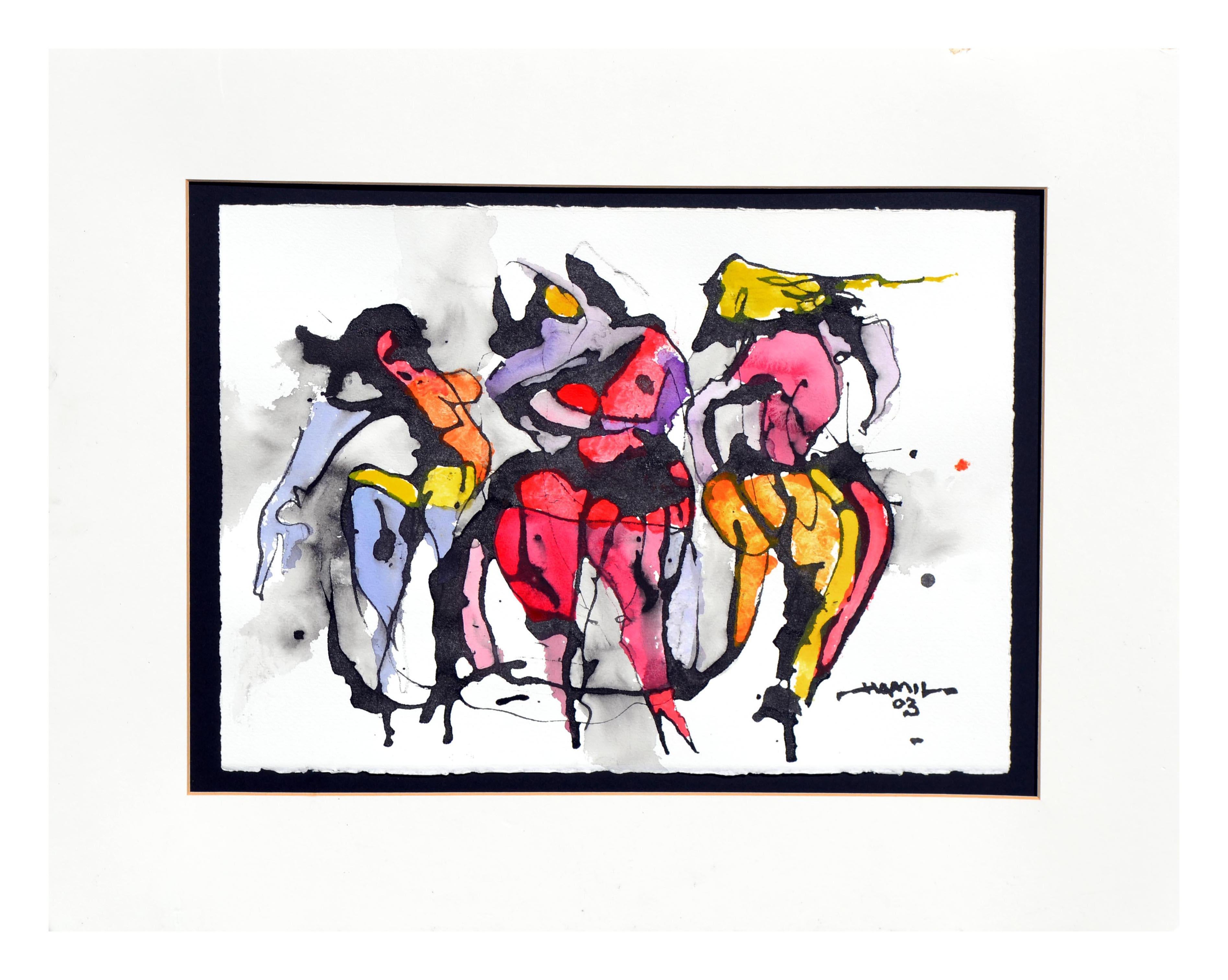 Tres Bailarinas - Pintura Figurativa en Tinta y Gouache