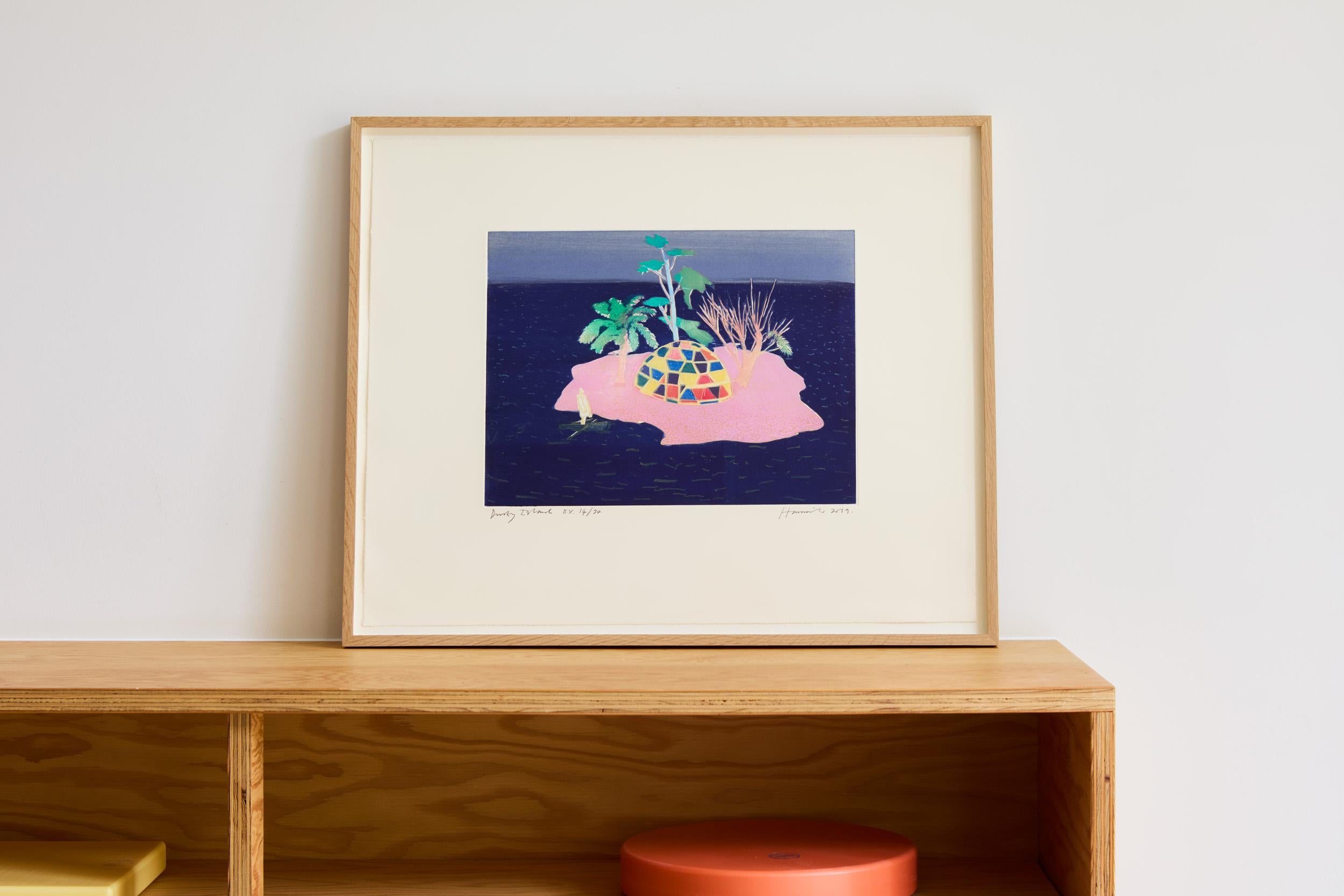 Dusky Island, 2019
Tom Hammick

Etching with aquatint in colours, on wove
Signed, titled, dated, numbered and inscribed 'E.V.' (edition variable)
From the edition of 30
Plate: 25 × 33.2 cm (9.8 × 13.1 in)
Sheet: 44 × 54 cm (17.3 × 21.2 in)
Frame:
