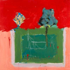 Beach Court, 2024 - Pittura paesaggistica contemporanea olio su tavola con rosso e rosa