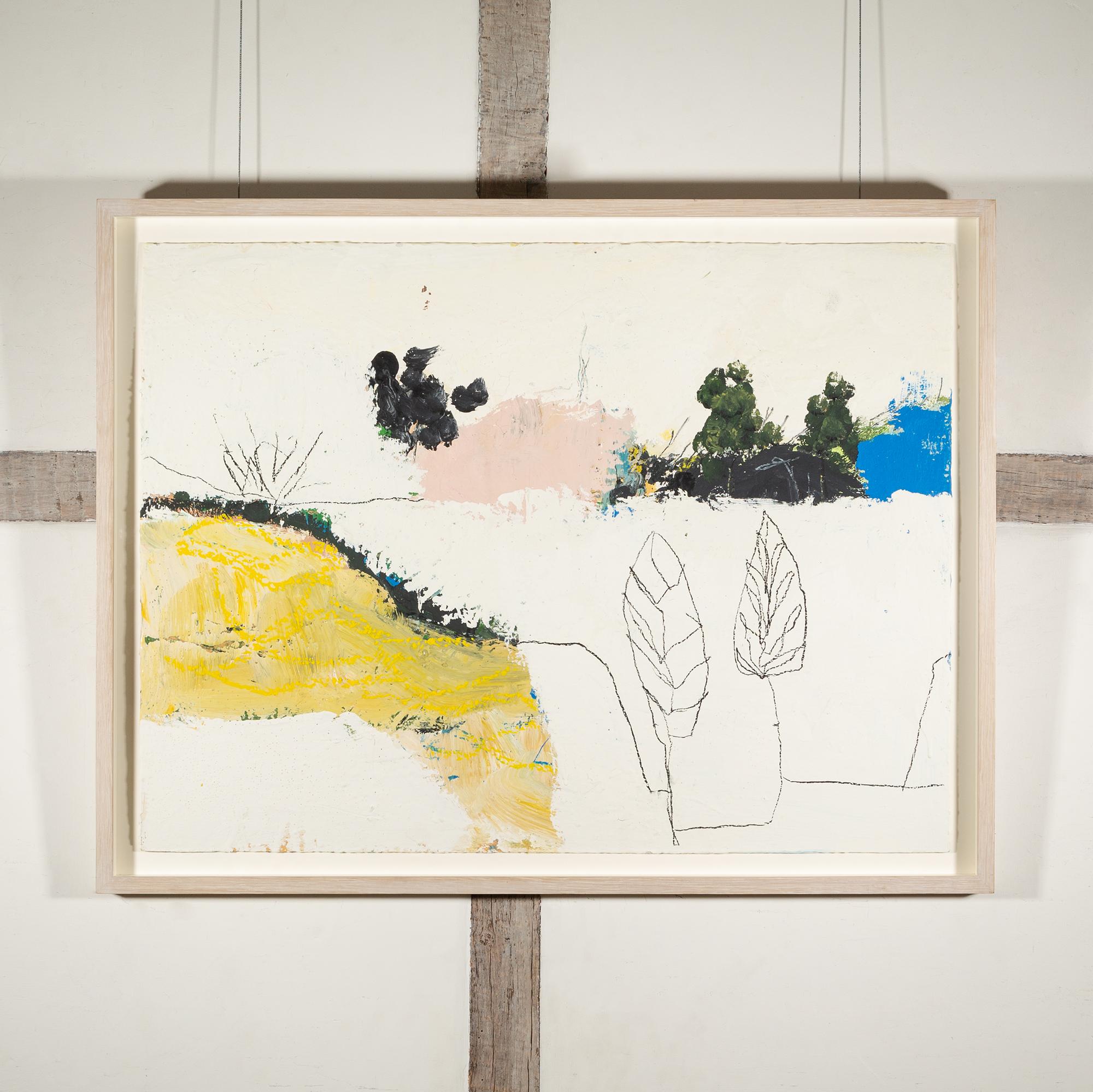 Shore, 2024 - Minimalist Landscape Oil Painting, White, Yellow + Blue with Leaf - Beige Landscape Painting by Tom Harford Thompson