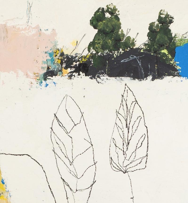 Shore, 2024 - Minimalist Landscape Oil Painting, White, Yellow + Blue with Leaf For Sale 1
