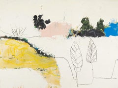 Shore, 2024 - Minimalist Landscape Oil Painting, White, Yellow + Blue with Leaf