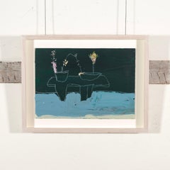 Bodegón - Pintura al óleo minimalista contemporánea de bodegón, azul oscuro + flor