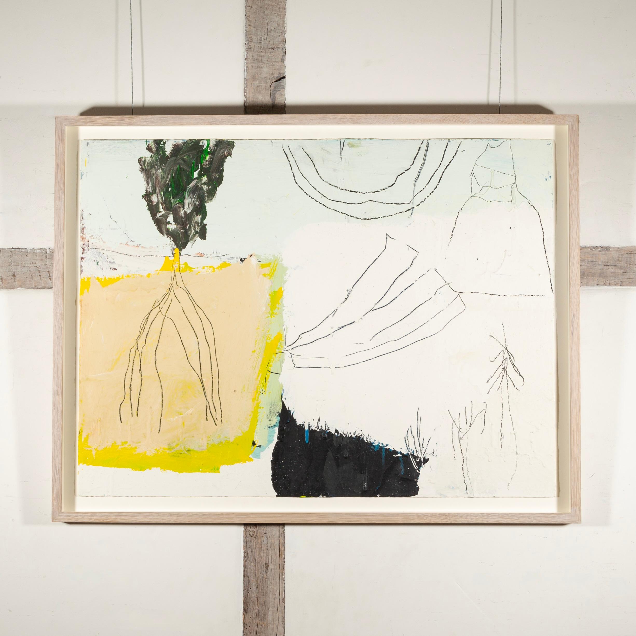 Yellow Root, 2024 - Minimalist Abstract Still Life Oil Painting, White + Yellow - Beige Abstract Painting by Tom Harford Thompson