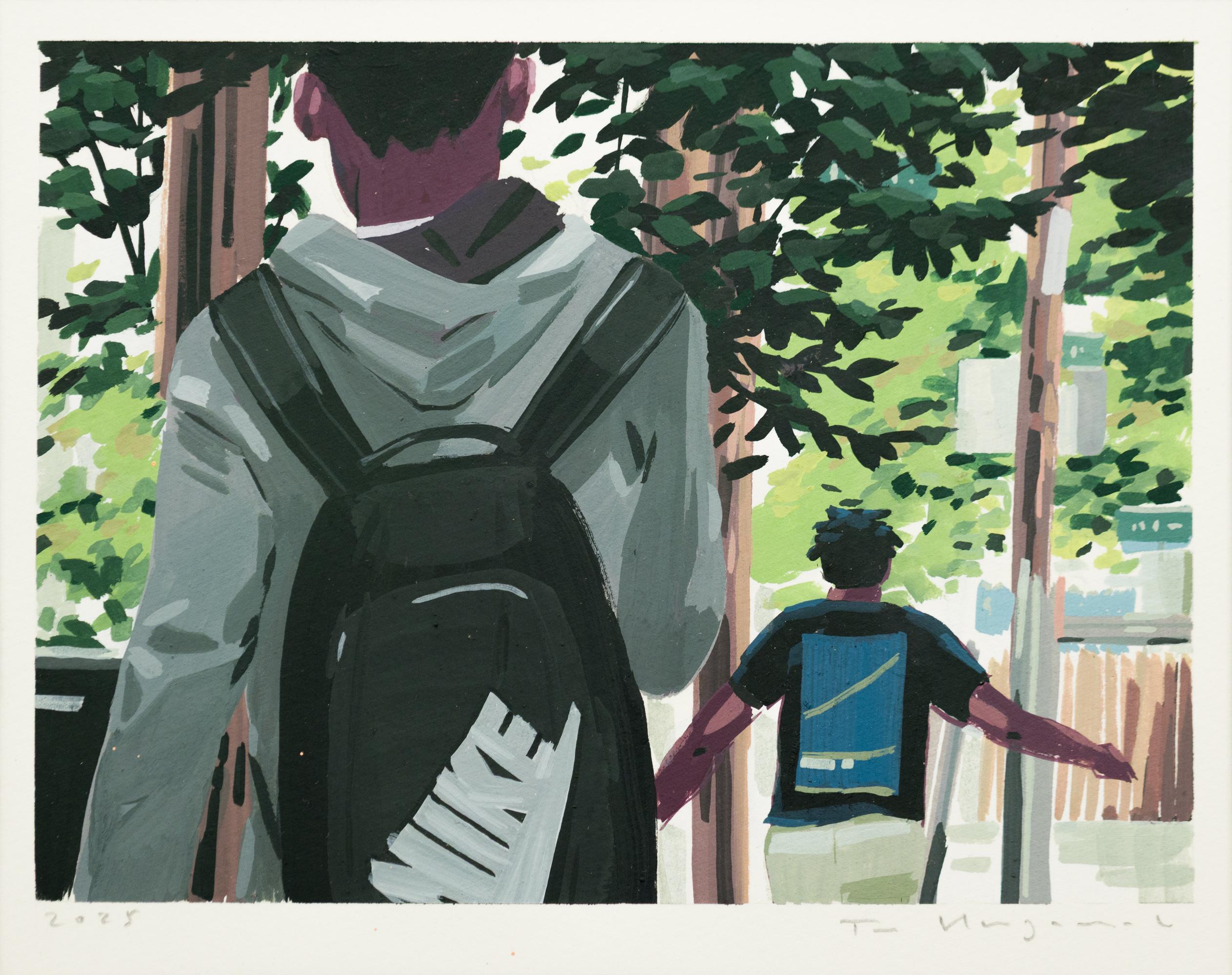 "After the Bell" City Scene with Young Students in Acrylic Painting