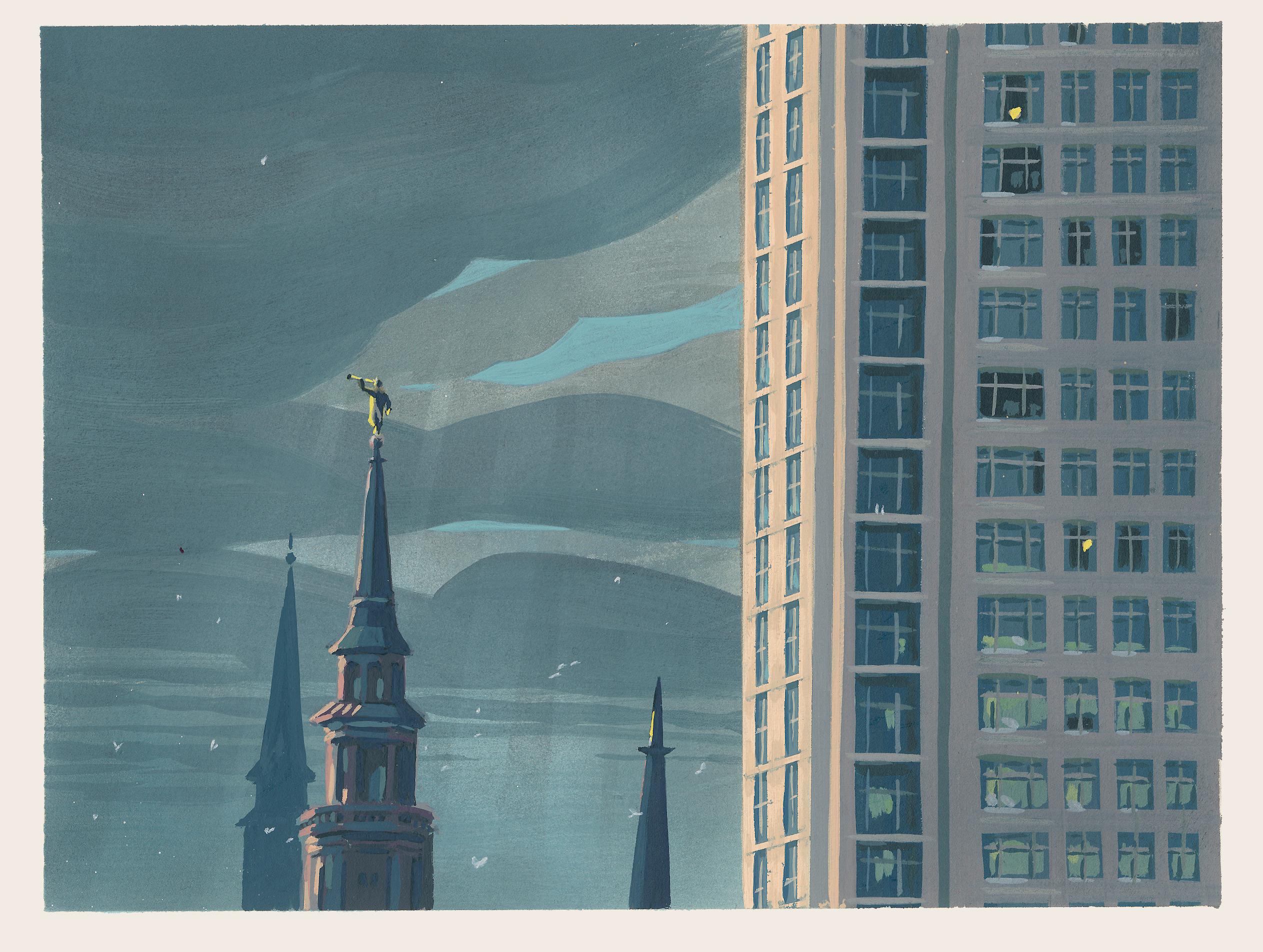 Tom Haugomat Still-Life - "After the Rain" City Buildings with Cloudy Sky-scape in Acrylic on Paper