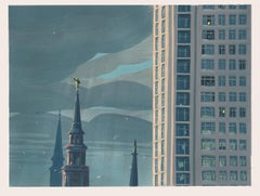 "Nach dem Regen" Stadtgebäude mit bewölkter Himmelslandschaft in Acryl auf Papier
