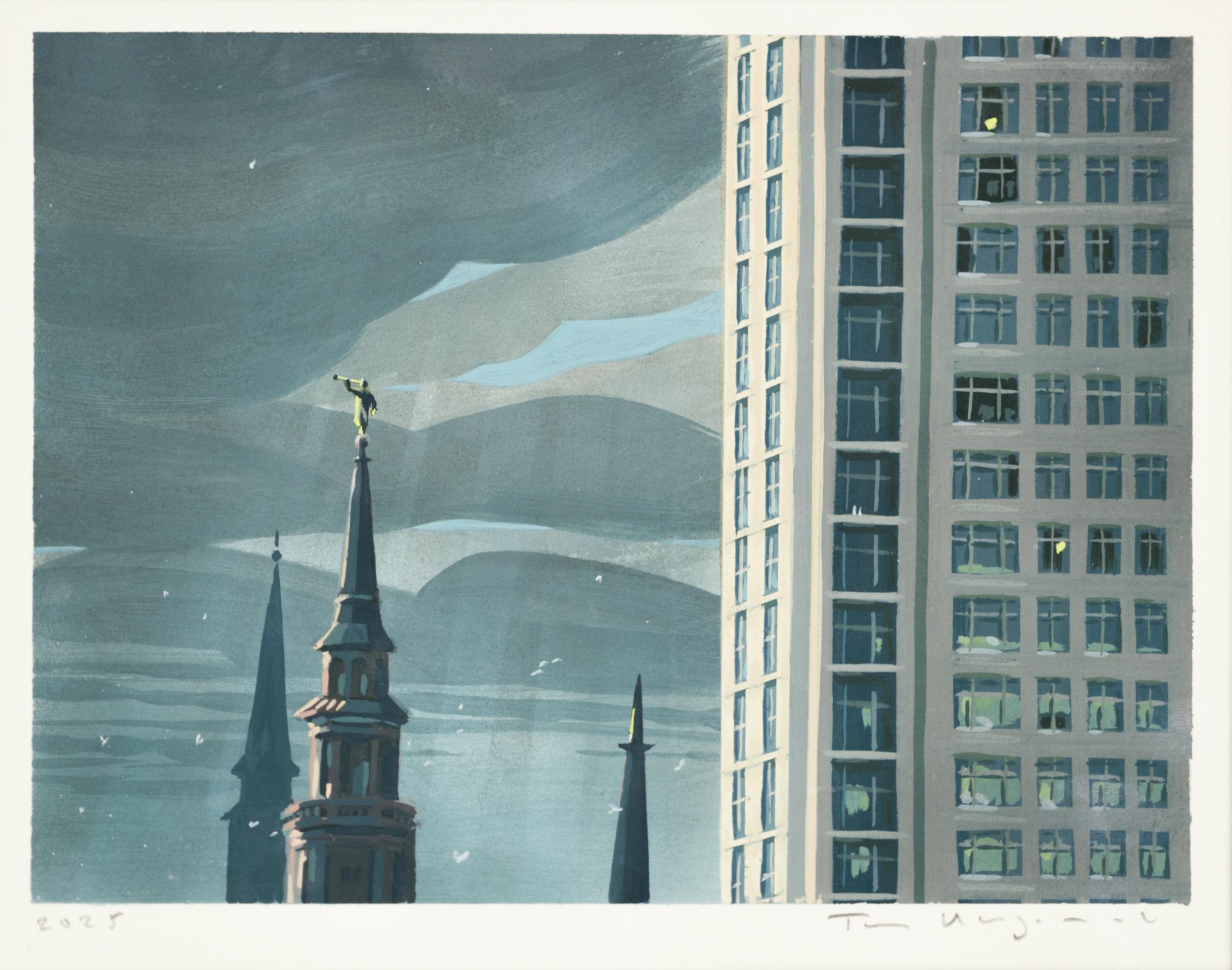 "Dopo la pioggia" Edifici cittadini con cielo nuvoloso in acrilico su carta