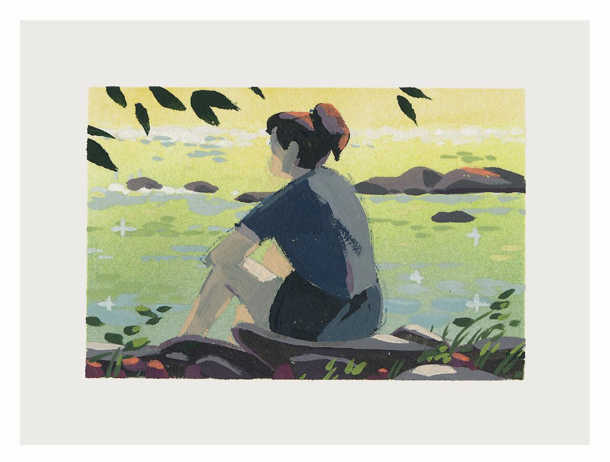 Tom Haugomat Landscape Painting – "Herbstlicht I" Miniaturgemälde einer Frau in einer Wasserlandschaft