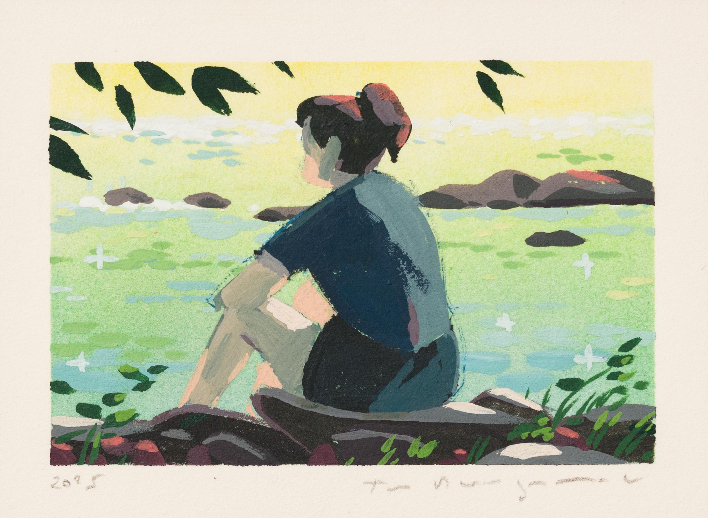 Tom Haugomat Figurative Painting - "Autumn Light I" Miniature Painting of Woman in Waterscape