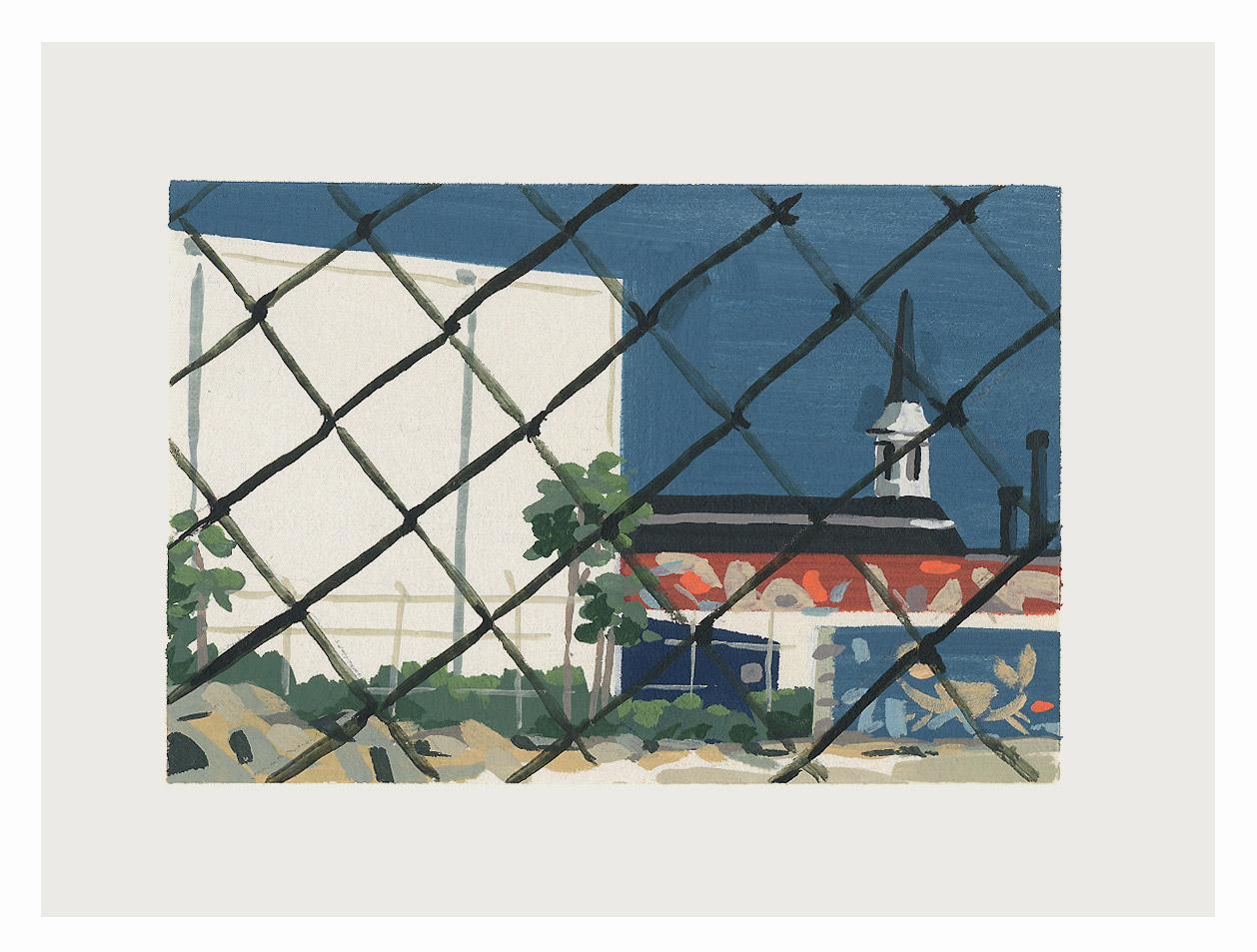 Tom Haugomat Landscape Painting – "Jenseits des Zauns I" Miniatur-Acryl-Gemälde von Chain Link Zaun Stadt-Szene
