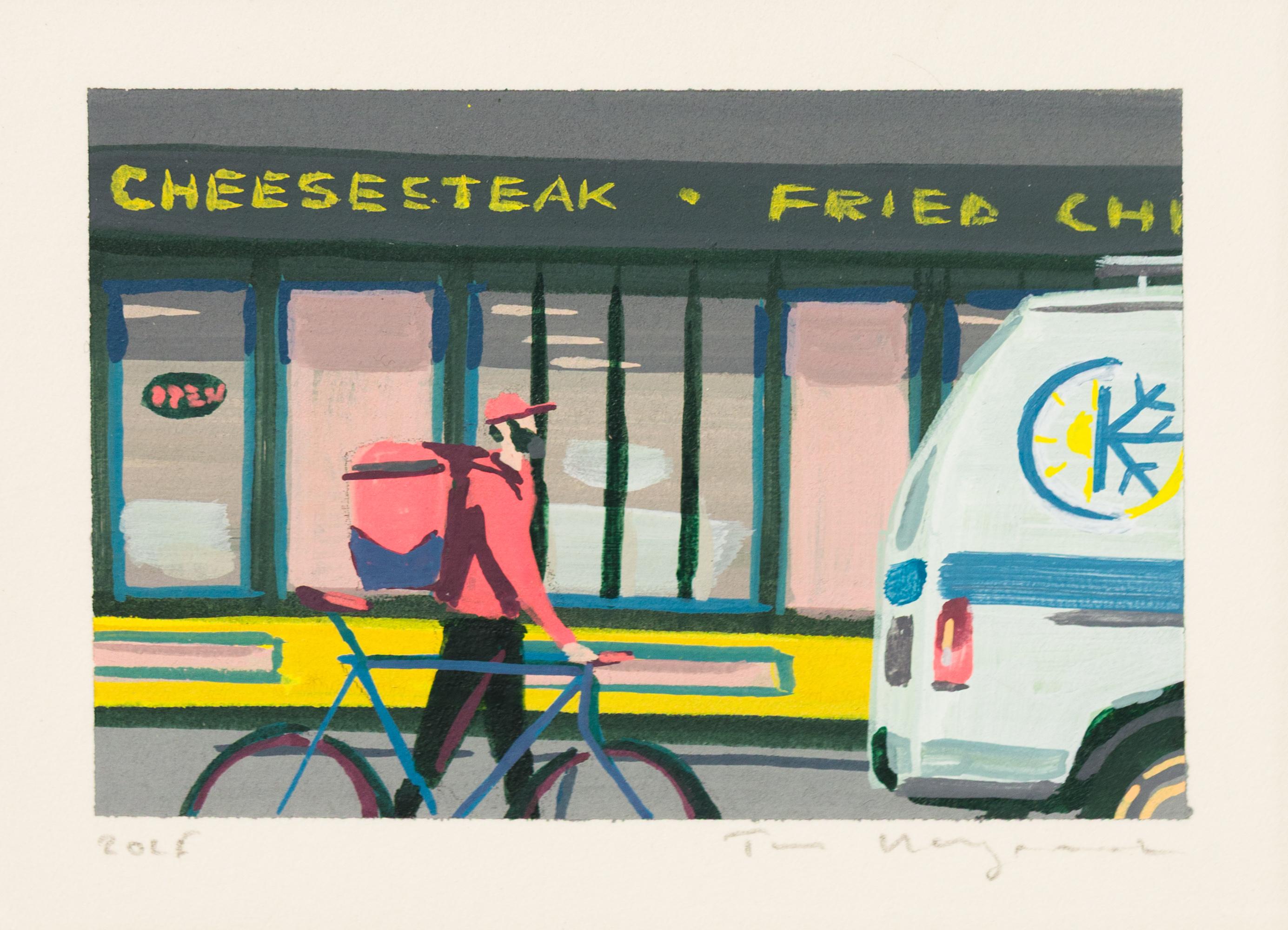 "Caviar II" is an original painting by Tom Haugomat, made as part of his traveling artist residency with The Jaunt. Traveling from France to Philadelphia, Haugomat was inspired by his new environment. He rendered commuters, city scenes, and