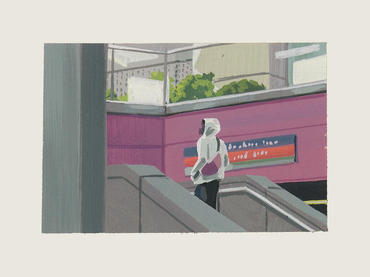 "Figura che cammina nella tromba delle scale di un paesaggio urbano in un'opera in miniatura