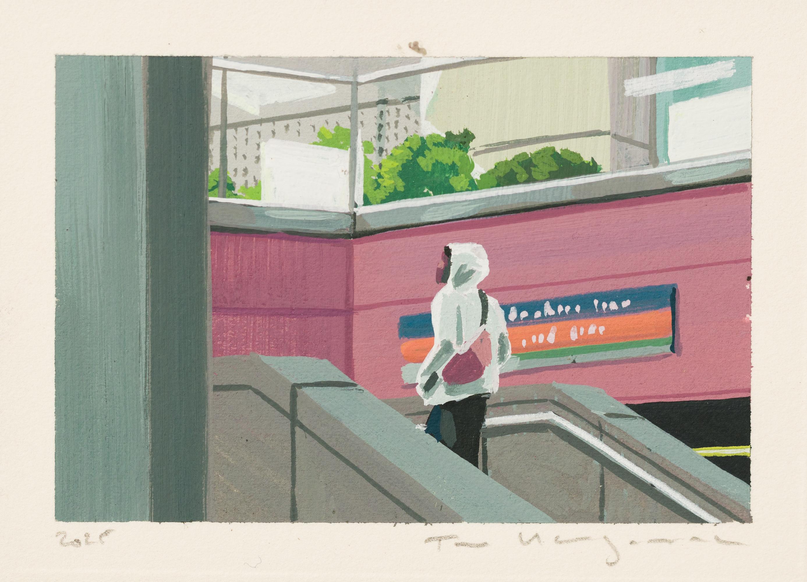 "Center Square" Figure Walking in Cityscape Stairwell in Miniature Work