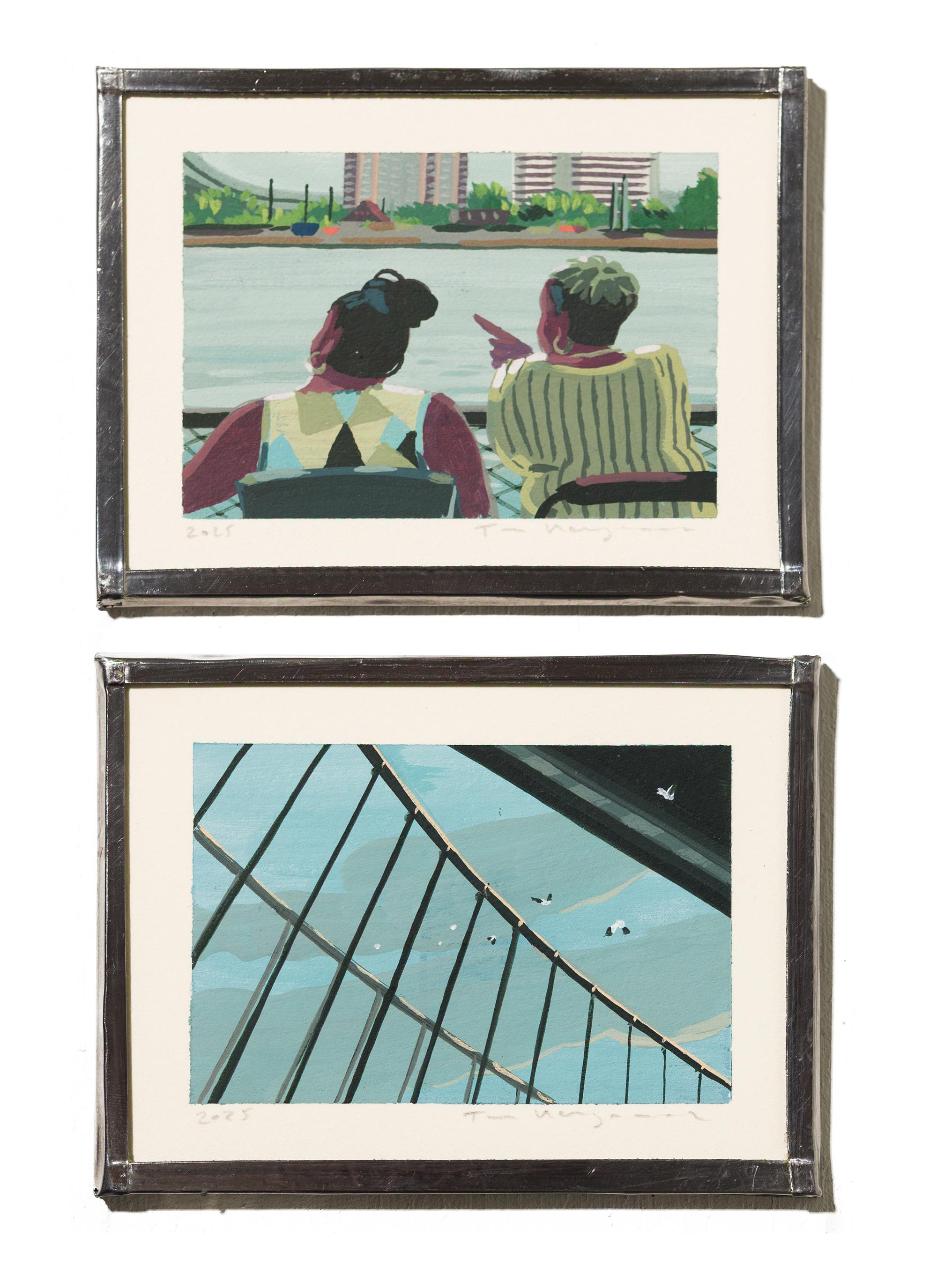 "Cherry St Pier" Miniature Acrylic Painting Diptych With City and Water Scene