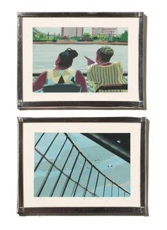 "Cherry St Pier" Miniature Acrylic Painting Diptych With City and Water Scene