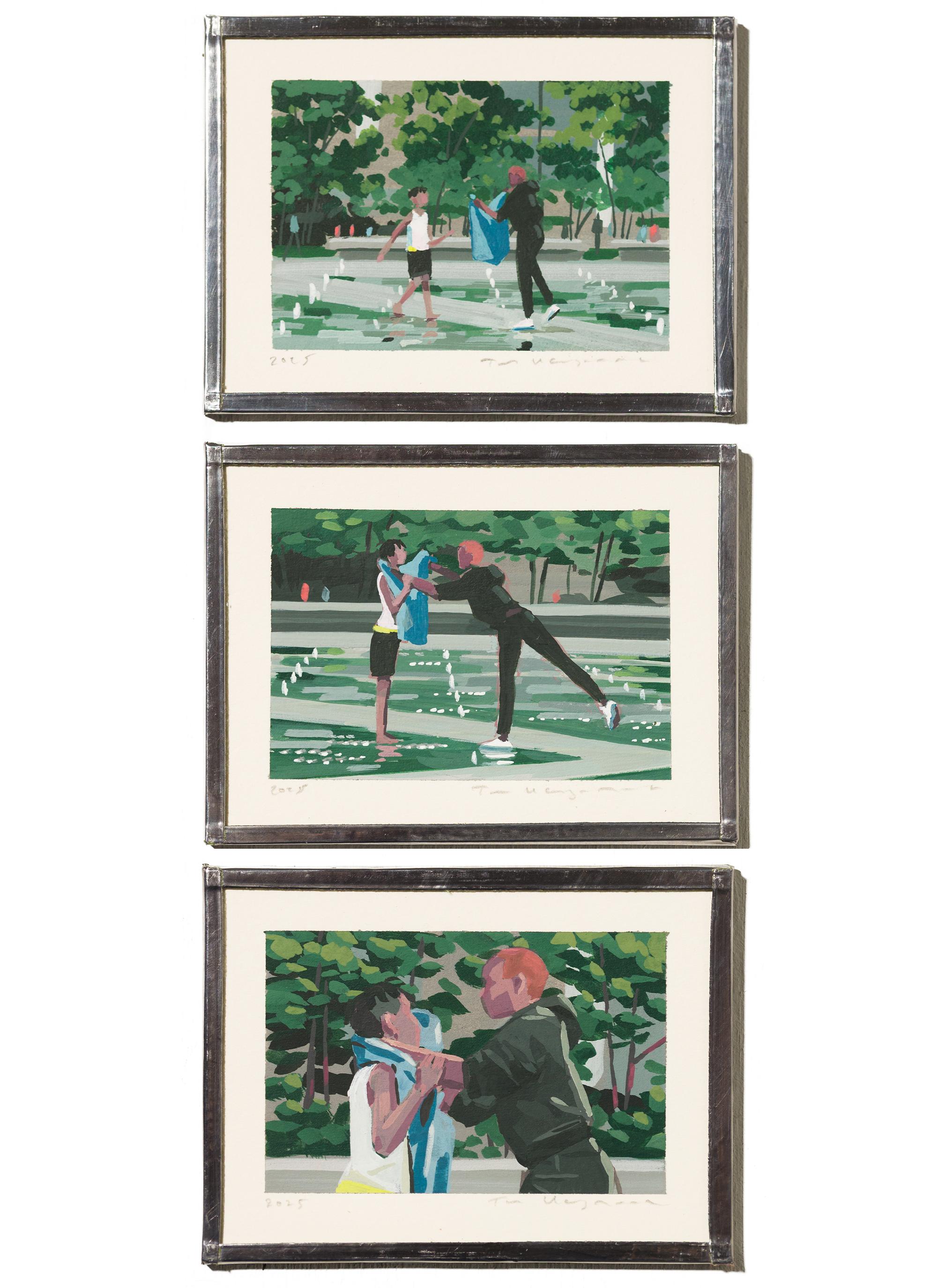 "Love Park" is an original painting by Tom Haugomat, made as part of his traveling artist residency with The Jaunt. Traveling from France to Philadelphia, Haugomat was inspired by his new environment. He rendered commuters, city scenes, and