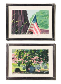 "The Stone" Acrylic Painting Diptych of Cemetery and Flag by Tom Haugomat