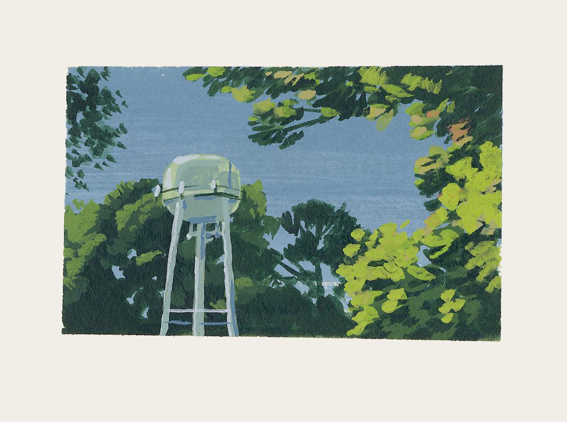 Dieses Werk mit dem Titel "Der Wasserturm" ist ein Originalkunstwerk von Tom Haugomat, das im Rahmen seines Aufenthalts als reisender Künstler bei The Jaunt entstand. Im Rahmen des Programms konnte Haugomat von Frankreich nach Philadelphia reisen