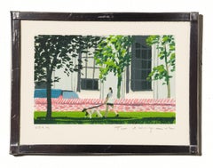 "Washington Square" Scena di città con donna che porta a spasso il cane in un dipinto in miniatura