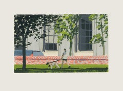 "Washington Square" Stadtszene mit Frau, die einen Hund ausführt, in Miniaturmalerei