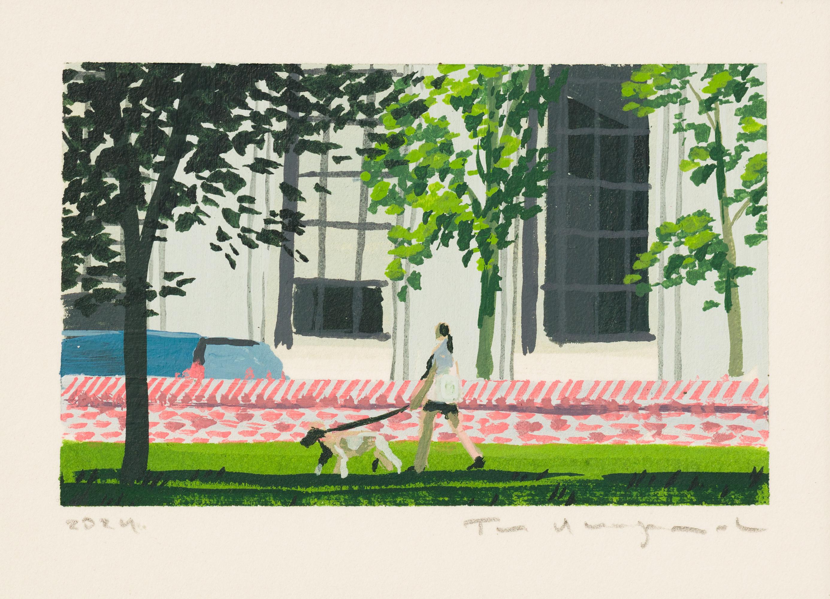 "Washington Square" City Scene of Woman Walking a Dog in Miniature Painting