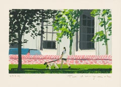 "Washington Square" City Scene of Woman Walking a Dog in Miniature Painting
