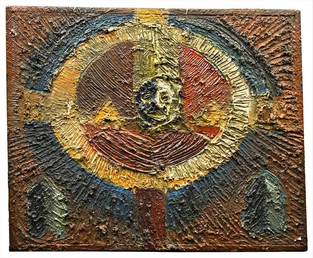 TOM HOLLAND
Untitled Mid Century Modern painting (Oakland Museum De-Accession), 1963
Oil on Canvas 
16 1/2 × 20 1/2 x .5 inches
Unique
Signed and dated on the back of the frame
Frame included: original vintage artist
s frame
This early signed