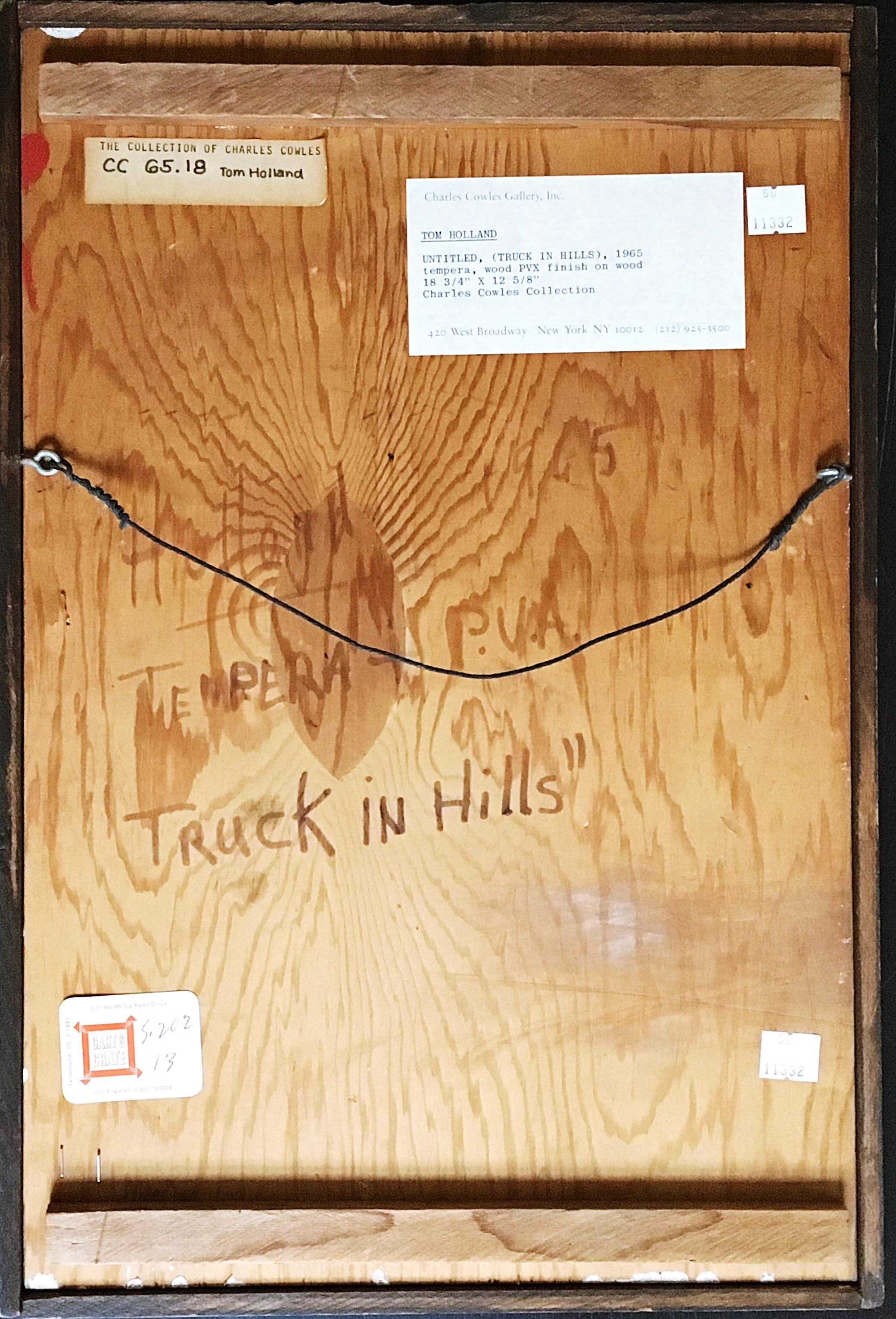 Tom Holland
Sin título (Camión en las colinas), 1965 (Arte moderno de mediados de siglo)
Témpera, Madera con acabado de PVC. 
Firmado a mano, fechado y titulado al dorso
Enmarcado con la etiqueta de la Galería Charles Cowles en la parte posterior
Se