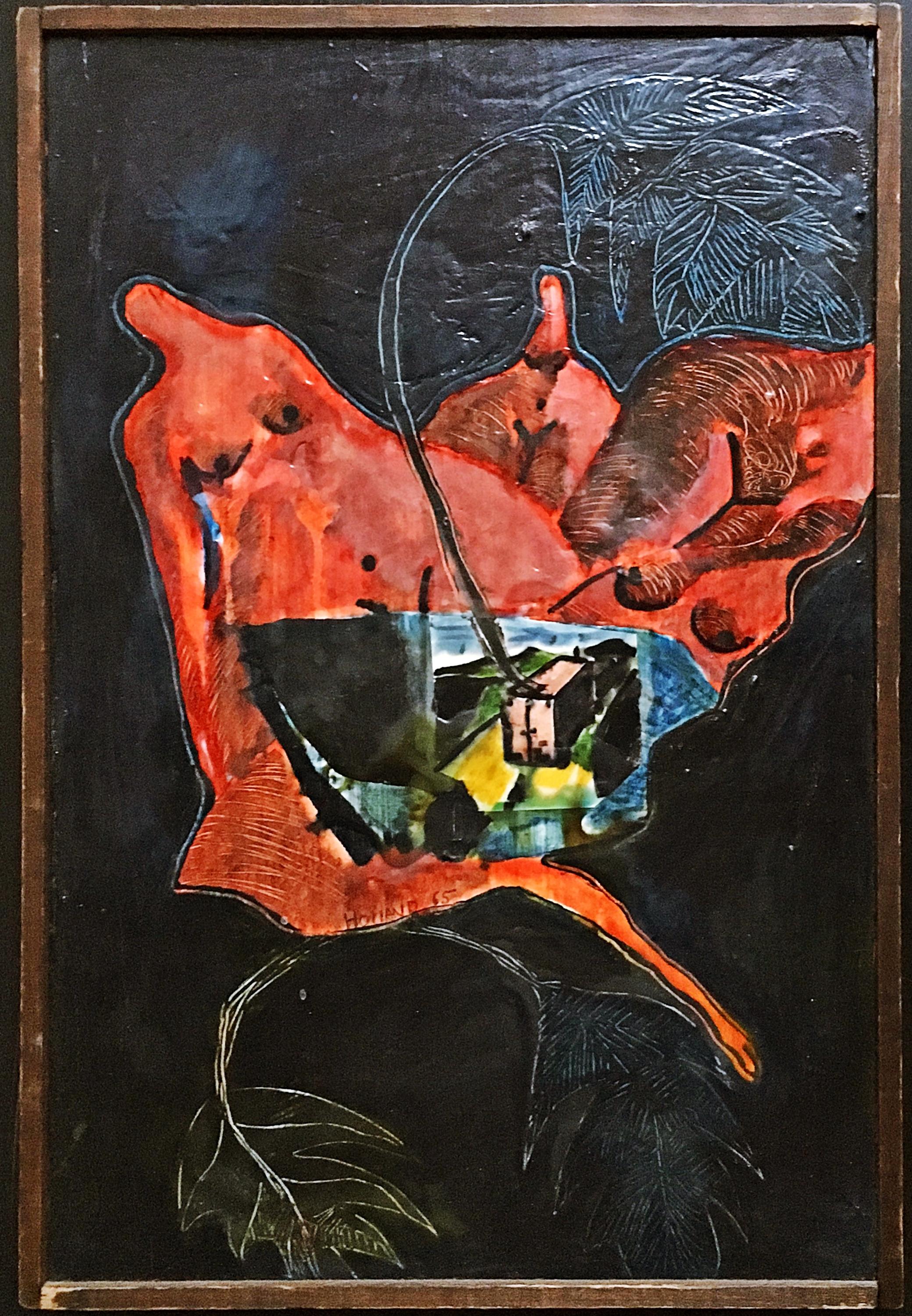 Camión en las colinas, pintura al temple firmada, etiqueta original de la Galería Charles Cowles - Mixed Media Art de Tom Holland