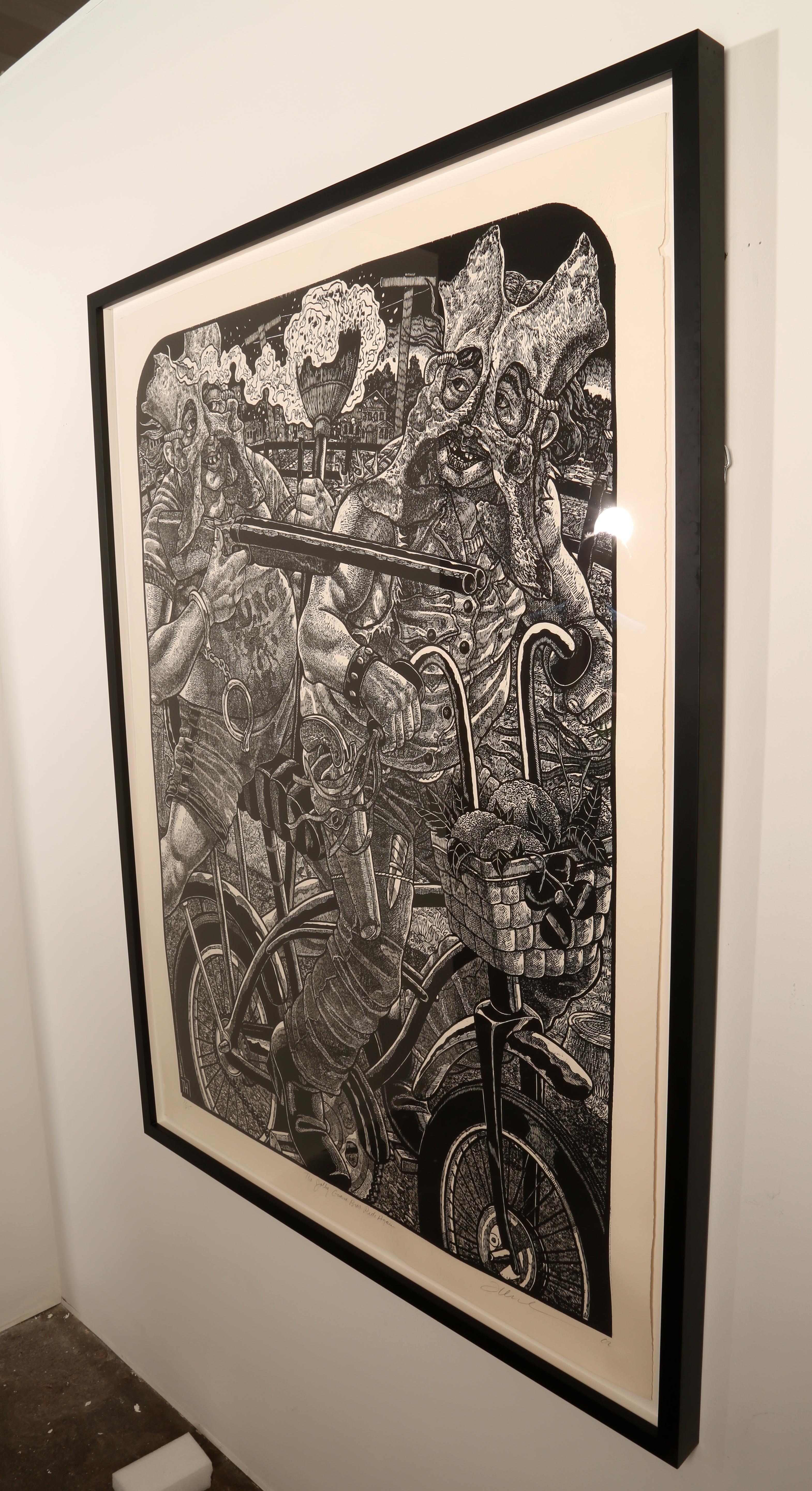 Tom Huck
The Jolly Guano Brothers Ride Again, 2004
woodcut 
Sheet: 52 x 38 inches  (132.1 x 96.5 cm)
Edition 7/25, 2 APs