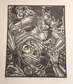 Three Scenes from a Tiny Riot - Set of Three Woodcut Prints by Tom Huck
