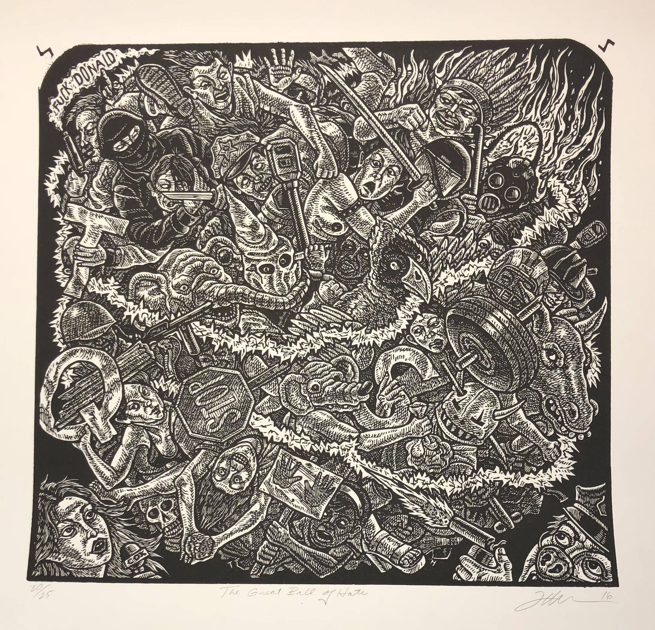 Three Scenes from a Tiny Riot - Set of Three Woodcut Prints by Tom Huck